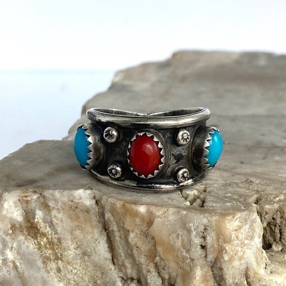 VTG Sterling Silver 925 Southwest Style Turquoise Coral 3 Stone Wide Band Ring - Picture 12 of 16